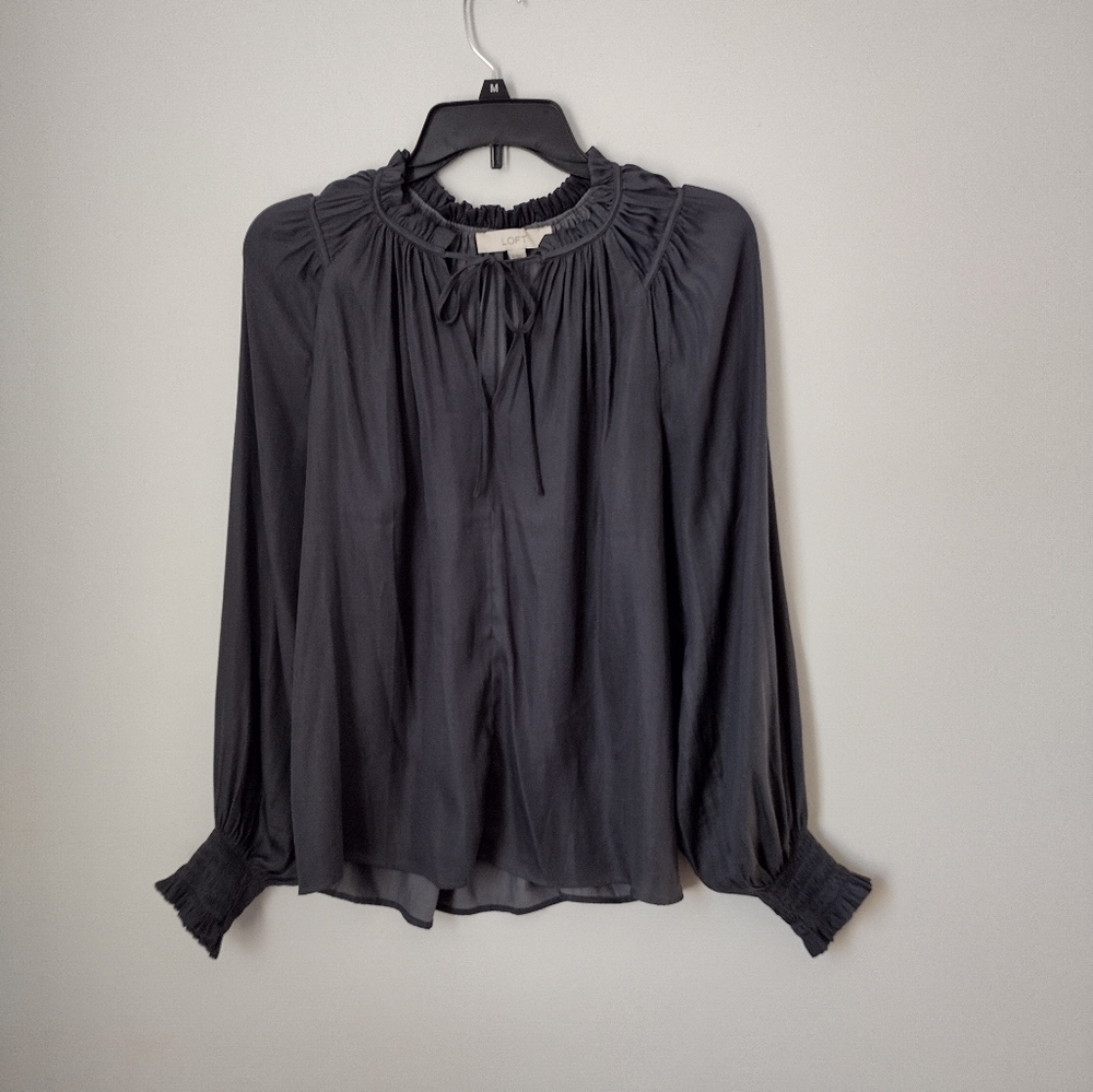 Loft Charcoal Gray Tie Neck Blouse